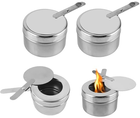 Brennpastenbehälter 4 Stück, Brennpasten Behälter mit Deckel, Brennpastenbehälter Edelstahl, Brennpaste für Warmhaltebehälter, Brennpaste Behälter für Buffets, Grillpartys, Outdoor (Silber-4 Stück)