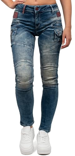 Cipo & Baxx Damen Jeans Slim & Regular Fit Stretch Used Look | Stylische Hosen mit Ziernähten, Zippern, bequemer Passform, modischem Design für Alltag und besondere Anlässe