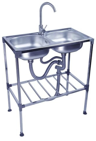 Lavello Autoportante da Cucina in Acciaio Inox,Lavandino da Esterno Industriale Lavello da ristorante commerciale a Doppia Vasca Mobile, per officina fattoria giardino