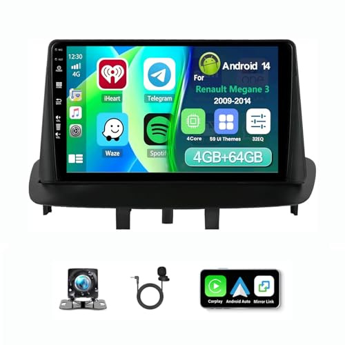 4+64G Bluetooth Autoradio für Renault Megane 3 2009-2014,Radio mit 9 Zoll Touch mit CarPlay GPS Navigation FM/RDS SWC Spiegelverbindung Ersatzkamera