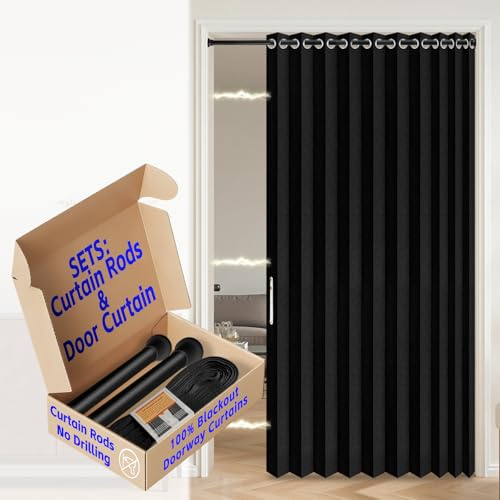 AJAZZ Porta oscurante a fisarmonica con aste per tende, lunghezza 99-132 cm, porta pieghevole invisibile, tenda magnetica per porta interna per camera da letto, 1 pannello, larghezza 130 x lunghezza