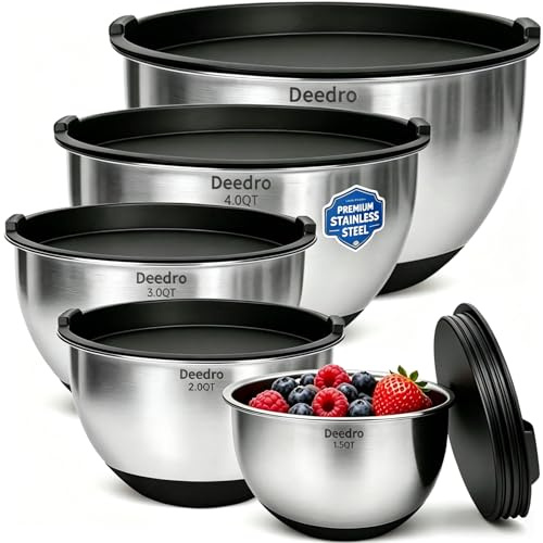 Deedro Premium Mixing Bowls with Airtight Lids Set, 22Pcs Thicker Stainless Steel Mixing Bowl Set, Large Prep Metal Bowls, Non-Slip Silicone Base Nesting Bowls for Kitchen, 1.5/2/3/4/5 QT, Black