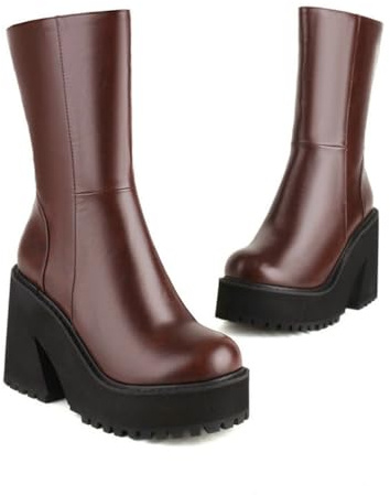 KUHAOFEU Stivaletti in Pelle Donna Tacco A Zeppa Caviglia Stivali Plateau con Cerniera Laterale,Marrone,38 EU