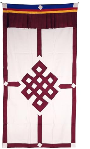 Tibetischer Türbehang, Vorhang aus 100 % Baumwolle, Wandschmuck, weinrot | Traditionelles Symbol des Endlosen Knotens, für ewige Harmonie, Schönheit, drei Schlaufen zur Befestigung