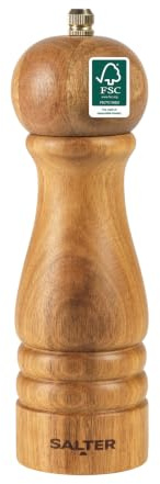 Salter Olea Manual Salt and Pepper Mill, Wooden, Adjustable Grind | Universal Ceramic Grinding Mechanism, For Salt Crystals Or Peppercorns, 2 Interchangeable Caps With S/P Engraving