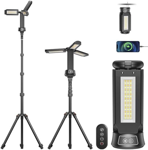 15000mAh Campinglampe Aufladbar mit Fernbedienung, 5000LM LED Baustrahler Akku Dimmbar, 5 Modi, 2,08m Teleskopstativ, LED Arbeitsleuchte Akku Strahler mit Tragetasche für Camping Baustelle Notfälle