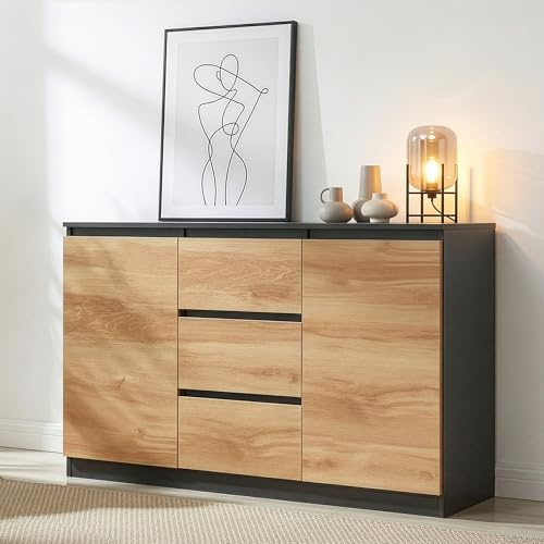 [en.casa] Sideboard Kyr Kommode 120 x 35 x 75 cm Wohnzimmerschrank 2 Türen 3 Schubladen Aufbewahrungsschrank für Wohnzimmer Flur Esszimmer Schlafzimmer Schwarz/Eicheoptik rustikal