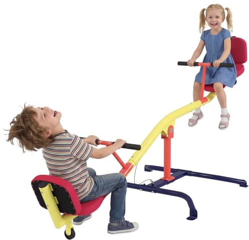 AIYAPLAY Kinderwippe, um 360° drehbar, Tragkraft 200 kg, 2-Sitzer-Wippe mit rutschfesten Griffen, gepolsterten Sitzen, Rückenlehne, Rädern, Schaukel für den Außenbereich, 3-12 Jahre, 253 x 96 x 75 cm
