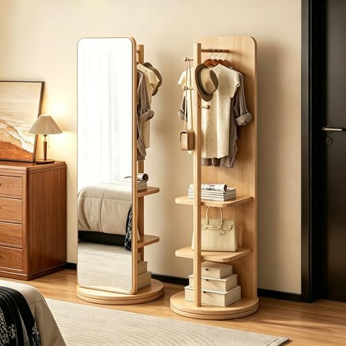 Miroir Pleine Longueur Rotatif à 360° avec Portemanteau Miroir sur Pied en Bois Massif avec Crochets et Étagères Miroir Integral Rotatif avec Porte-Vêtements pour Chambre à Coucher Salon Entrée