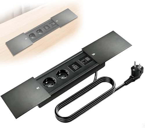 Versenkte Steckdose 2-Fach Einbau Steckdosenleiste mit Schiebedeckel Tischsteckdose Tischplatte Versenkbare Einbausteckdose Schwarz USB-A, USB-C, HDMI, Netzwerkanschluss, 1.8M Kabel für Küche Büro