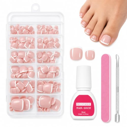 False Toenails Set - 120PCS Short Square False Toenails Kit With Glue - French White Toe Nail Tips Nude Pink Fake Toe Nails - High Glossy Acrylic Stick on Toenails Tip for Women Nail Art DIY Gift