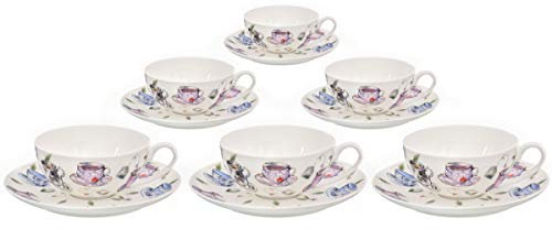 Buchensee Teetassen Set aus Fine Bone China Porzellan. 6 Teetassen je 150ml und 6 Unterteller mit stilvollem Tassendekor.