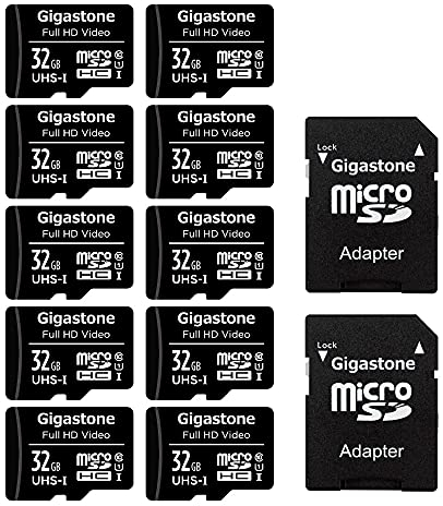 GIGASTONE Micro SD Card 32GB 10-Pack with 2x SD Adapter + 4x Mini-case, Full HD Video, Surveillance Security Cam Action Camera Drone, 90MB/s Micro SDHC UHS-I U1 C10 Class 10