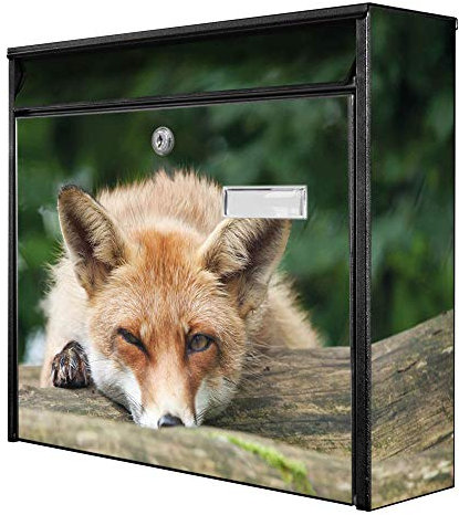 banjado® Burg-Wächter® Briefkasten mit Motiv Fuchs Relax/Briefkasten ohne Zeitungsfach 32x36x10 cm groß/Briefkasten mit Namensschild A4 Einwurf inkl. Montagematerial & 2 Schlüsseln