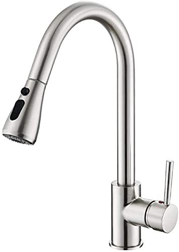 Heable Brushed Nickel Single Handle High Arc Pull Out Kitchen Tap with Pull Down Sprayer, Stainless Steel Faucet with UK Standard Fittings