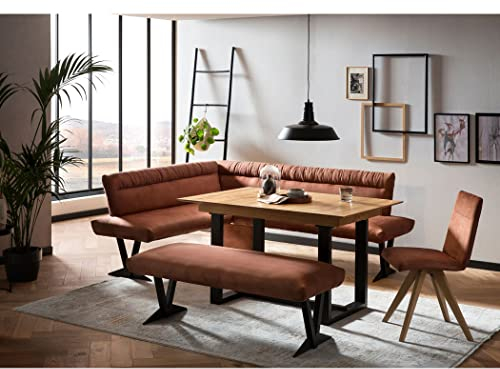 expendio Tischgruppe Esstisch Gunar 1XL 130(180) x90 cm Eiche rustikal massiv + 2X Bank Gelia 3 + 1x Stuhl Gelia Bezug Kombi Picante, kurzer Schenkel bei Eckbank:Links
