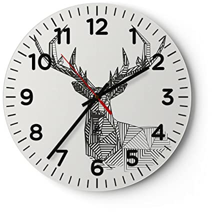 Modern Wanduhr Hirsch Skizze Skandinavisch 40x40cm Rund Groß Wand Uhr Glas Analog Zimmeruhren Küche Büro Wohnzimmer Glasuhr Wall Clock Dekoration Design Wanddekoration Küchenuhr C4AR40x40-4950