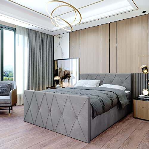 Boxspringbett Doppelbett Clermont - Bett mit Bonellmatratze, mit Bettkasten für Bettwäsche und Topper. Gepolstertes Kopfteil und Fussteil mit Einer eleganten Steppung verziert (Cloud 82, 200x200)