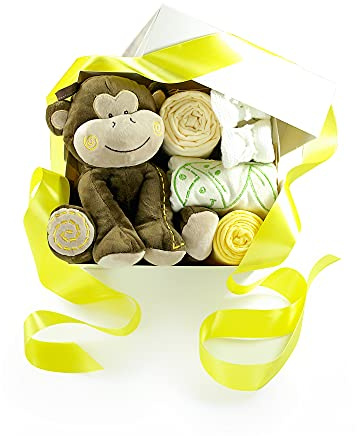 dubistda-WINDELTORTEN-® Baby Geschenkbox zur Geburt SAFARI gelb neutral | Geschenkkorb 6-teilig