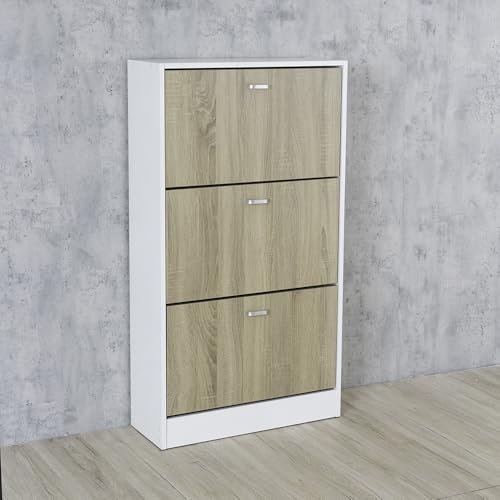 DUPI Mueble Zapatero Madera | 3 Puertas Oscilobatientes | 6 Baldas para 28 Zapatos | Diseño Minimalista | Zapatero Entrada (Estructura Blanco/Puertas Taupe)
