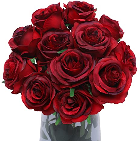 Floralsecret Set di 12 rose artificiali in seta con gambo lungo per decorazione di casa, matrimonio, festa, giardino, vino rosso