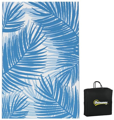 Outsunny Reversible Outdoor Rug with Carry Bag, Waterproof Plastic Straw Mat for Garden, Deck, RV, Picnic, Beach, Camping, 182 x 274cm, Blue and Cream