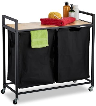 Relaxdays Meuble à Linge, Surface de Rangement, 2 Compartiments coulissants, 42 litres, Aspect Bois, Noir/Nature