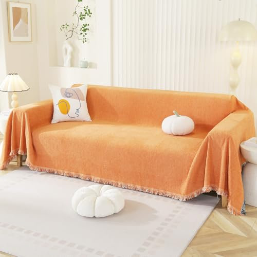 Royhom Couch Überzug 2/3/4 Sitzer, Sofa Überzug Ecksofa, Sofabezug L Form, Chenille Sofaüberwurf, Couch Überwurf mit Deko Quasten, Orange Sofa Überwurf(Rein Orange, 180x300cm)