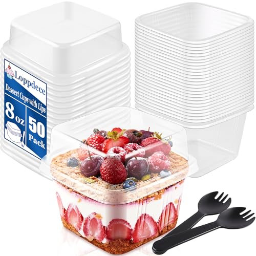 PLMMOUT 50 Stück Dessertbecher mit Deckel, 300ml Plastikbecher für Dessert, Dessertschalen Wiederverwendbar, Parfait Vorspeisenbecher für Desserts Pudding Mousse Tiramisu