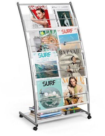 SUNDOY Porte-brochures et porte-journaux – Support de livre incliné debout au sol pour brochures et magazines avec 4 étagères (argenté, 4 couches, 59 cm de large)
