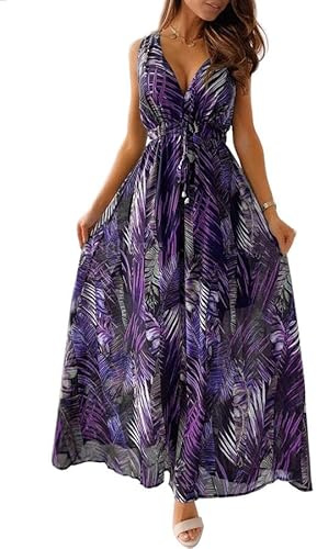 Joligiao Robe Longue Femme Robe d'été Robe de Plage Décolleté en V Impression de Plantes Tropicales Elegant Maxi Robe Robe de Soirée sans Manches Party Soirée(Violet,XL)