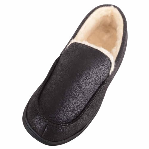 ABSOLUTE FOOTWEAR Mens Easy Slip On Faux Fur Moccasin Winter Slippers - Black - UK 11 / EU 45