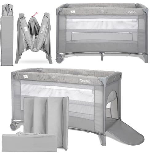 Lorelli 2 in 1 Babybett und Laufstall Carina 2 Ebenen mit Neugeborenen Einsatz und Seiteneingang, Kinderbett ab Geburt bis 15 kg, Baby Reisebett, faltbar inkl. Transporttasche, Grau