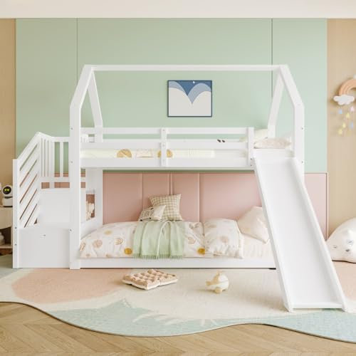 KOMHTOM Lit Superposé avec Escalier de Rangement et Toboggan, Lit d'enfant avec Sommier à Lattes en Bois, pour Enfants et Adolescents(sans Matelas) (Blanc, 90x200cm)