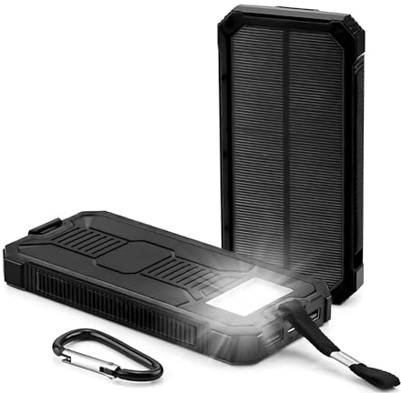 Solar Powerbank 20000mAh, Power Bank mit USB C Tragbares Solarladegerät | Wetterbeständigem Kunststoff, Tragbares, mit LED-Licht für Smartphones, Tablets, für Camping, 16,1x7,7x1,8 cm, Schwarz