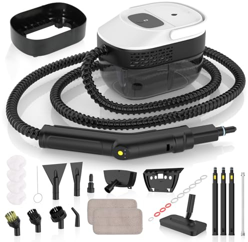 Limpiador de vapor con escoba, mango ajustable de 3 posiciones, carro de transporte, tanque de agua de 1,6 L, tiempo de calentamiento de 15 segundos, 17 accesorios, para suelos, cocina, ventanas