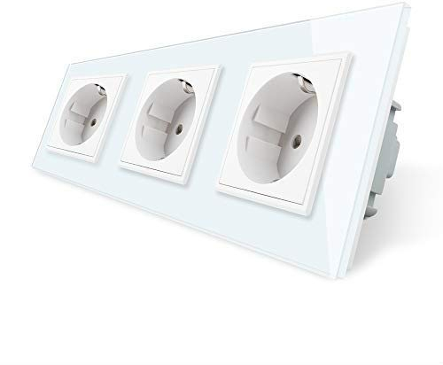 LIVOLO Weiss Steckdose Schuko Schutzkontakt mit Kindersicherung 3 Fach Panel aus Kristallglas EU Standard Wandsteckdose,VL-C7C3EU-11-A