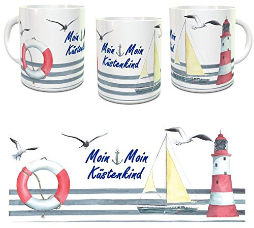 Kinderlampenland Tasse Moin Moin Küstenkind Kaffeebecher Maritim Segelschiff Leuchtturm Keramik 250-300 ml