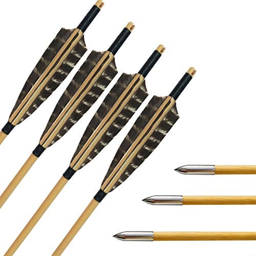 SHARROW 6 Stück Handgemacht Holzpfeile 31 Bogenpfeile mit 5 Fletching Truthahnfeder Blechspitze für Langbögen Recurve Bögen Bogensport (Modell 3)