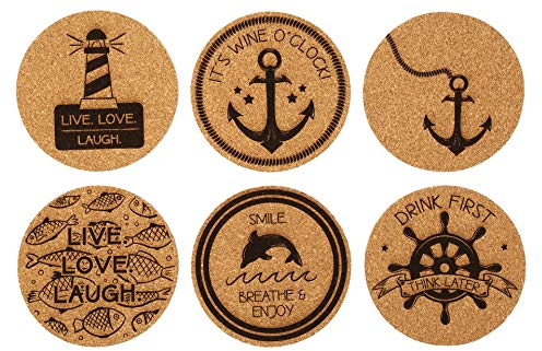 Korkuntersetzer für Gläser 6er-Set | Maritime Untersetzer | Seaside, Leuchtturm, Fisch & Anker Motive | Glasuntersetzer