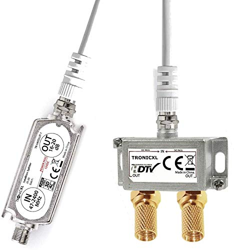 TronicXL Sat Verstärker + 2-Fach Verteiler I für DVB-T2 Antenne und Satellit Fernsehen I Full HD tauglich 4K 3D digital I LNB Booster Repeater DVBS2 DVBT2