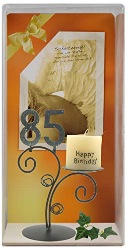 SünGross Leuchter aus Metall mit Wunschzahl und Kerze Happy Birthday in Geschenkbox zum 85. Geburtstag