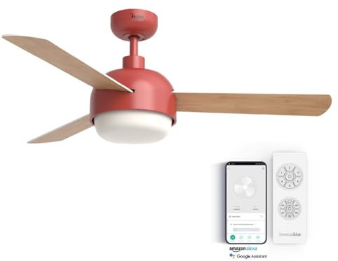 UNIVERSALBLUE Ventilador de techo con luz LED y WiFi | Color rojo | Silencioso con Motor DC | Control por App, Alexa, Google Assistant mando a distancia | 6 Velocidades | Aspas Reversibles
