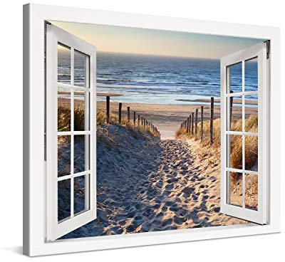 PICANOVA – Stampa su Tela Percorso Verso Il Mare Finestra 80x60cm – Quadro su Tela Moderno Incorniciato con Spessore di 2cm – Foto Decorazione da Parete Come Dipinto – Collezione Spiagge