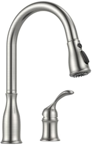 APPASO Grifo de cocina de 2 agujeros con rociador abatible, acero inoxidable cepillado níquel comercial fregadero de cocina grifo con solo mango lateral, APS278BN