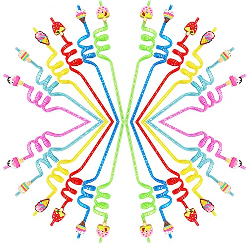 Reusable Colorful Plastic Curly Straws for Kids with Ice Cream Cartoon Design,Pack of 24