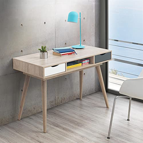 Timber Art Design UK Computer Desk Office Furniture Laptop Workstation 2 Drawers for Ample Storage Writing Desk Gaming Table for Home Office Retro Scandinavian Table White Grey, W110cm x H75cm x D50cm
