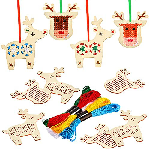 Blulu Kit 10 Punto Croce in Legno di Natale Punto Croce con Renne Ornamenti per Alberi di Natale in Legno Decorazioni Natalizie da Appendere Decorazioni Natalizie Artigianali per Forniture Natale