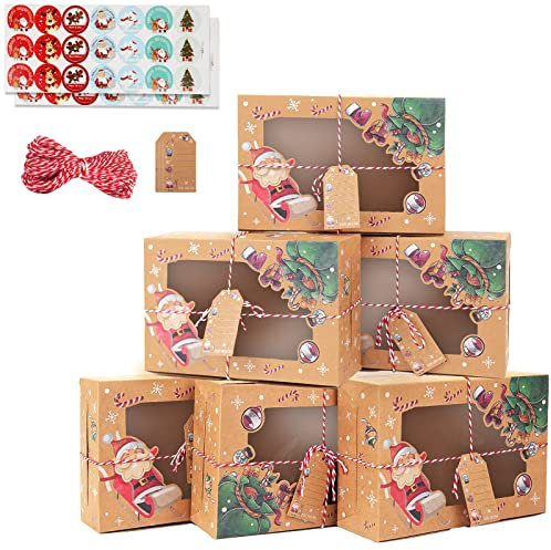 12 Pcs Christmas Cookie Boxes with Window (6.3x9.45x3 Inches), Xmas Gift Boxes for Candy Cookie, Christmas Cake Boxes for Christmas Party, Sweets Gift Box With Gift rope, Cupcake Boxes for Christmas