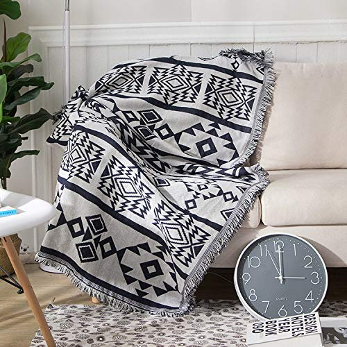 Boho-Decke mit Fransen,tagesdecke Ethno-Stil,Schwarz-weißes geometrische Strickdecke Quasten Jacquard,Multifunktionale Stuhlabdeckung,dekorativ für Zuhause,Büro,Reisen, Zelten Weiß-01,130 X 180 Cm